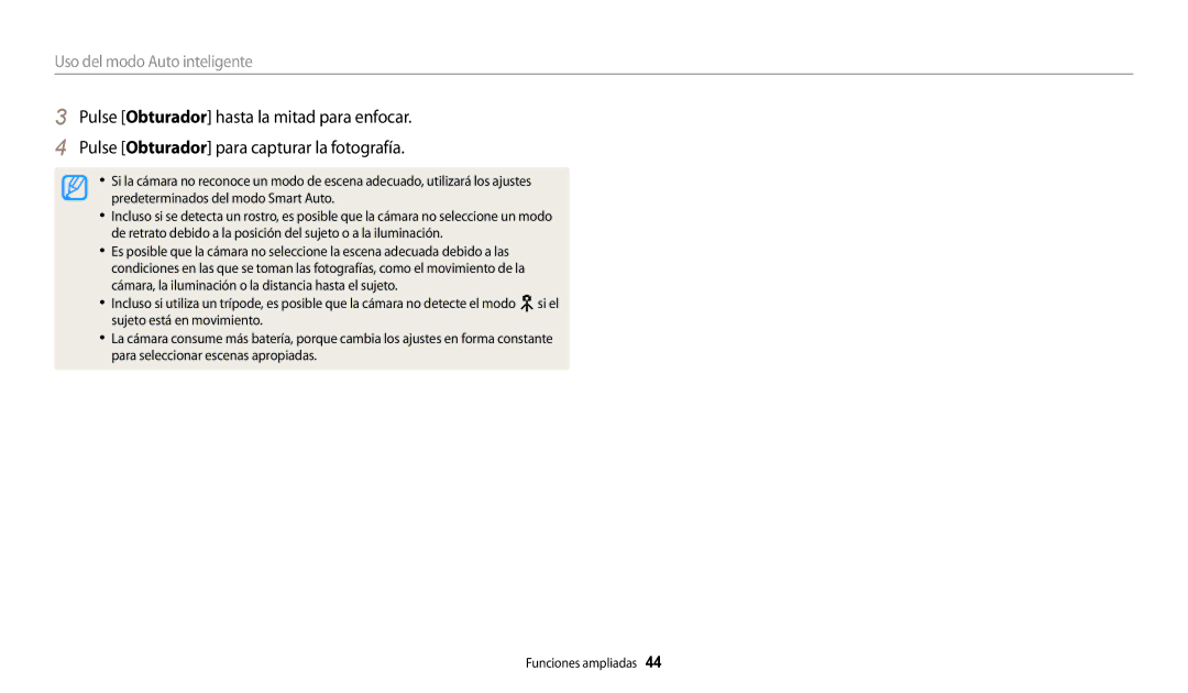 Samsung EC-WB250FBPBIL, EC-WB250FBPWE1, EC-WB250FBPBE1, EC-WB250FFPWE1, EC-WB250FFPBE1 manual Uso del modo Auto inteligente 