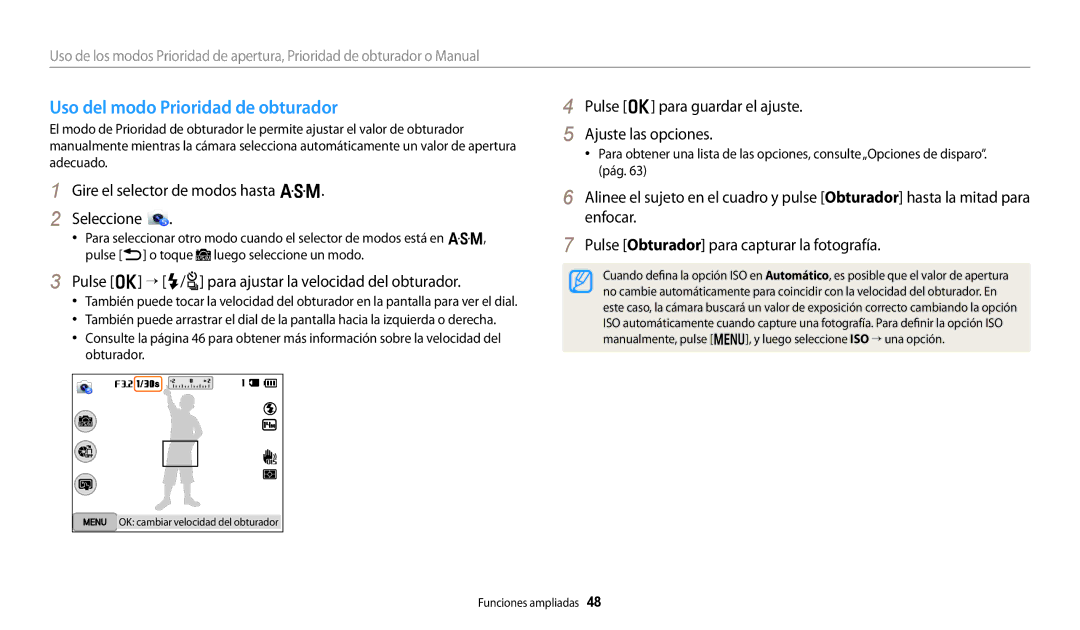 Samsung EC-WB250FBPBE1 manual Uso del modo Prioridad de obturador, Pulse o “ F/t para ajustar la velocidad del obturador 