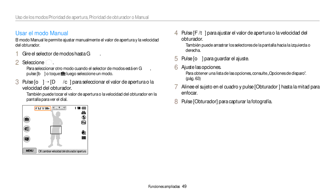 Samsung EC-WB250FFPWE1, EC-WB250FBPWE1, EC-WB250FBPBE1, EC-WB250FFPBE1, EC-WB250FBPAIL, EC-WB250FBPBIL Usar el modo Manual 