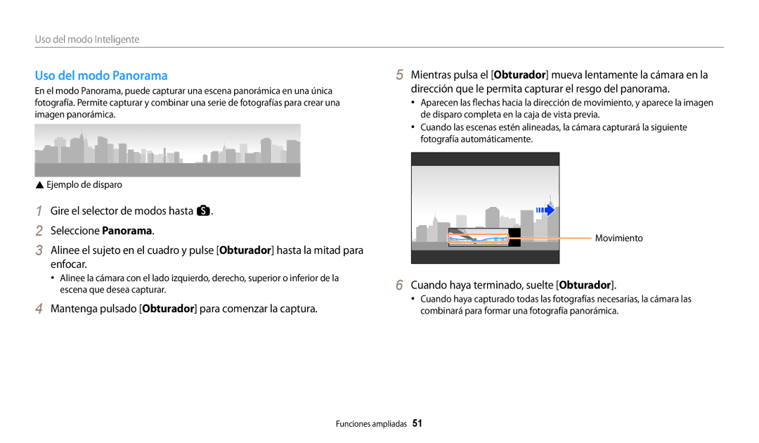 Samsung EC-WB250FBPAIL, EC-WB250FBPWE1 manual Uso del modo Panorama, Mantenga pulsado Obturador para comenzar la captura 