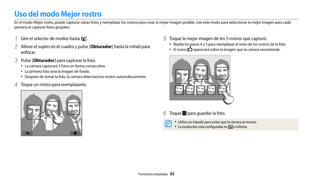 Samsung EC-WB250FBPRIL, EC-WB250FBPWE1, EC-WB250FBPBE1, EC-WB250FFPWE1 Uso del modo Mejor rostro, Toque para guardar la foto 