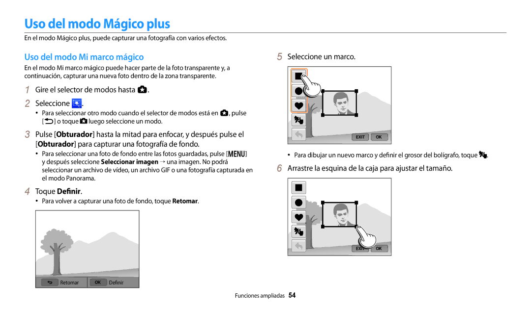 Samsung EC-WB250FBPWIL manual Uso del modo Mágico plus, Uso del modo Mi marco mágico, Toque Definir, Seleccione un marco 