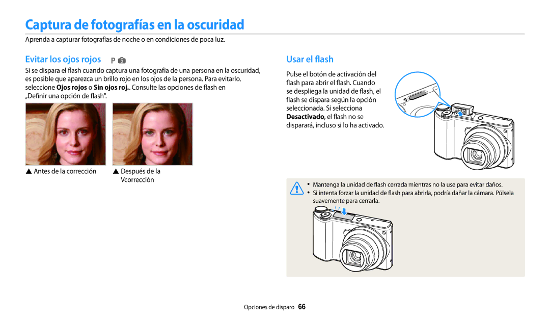 Samsung EC-WB250FFPBE1 manual Captura de fotografías en la oscuridad, Evitar los ojos rojos p s, Usar el flash, Vcorrección 