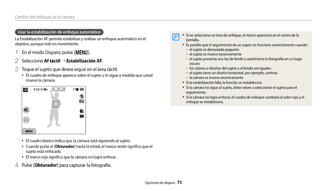 Samsung EC-WB250FFPWE1 manual Seleccione Af táctil “ Estabilización AF, Toque el sujeto que desea seguir en el área táctil 