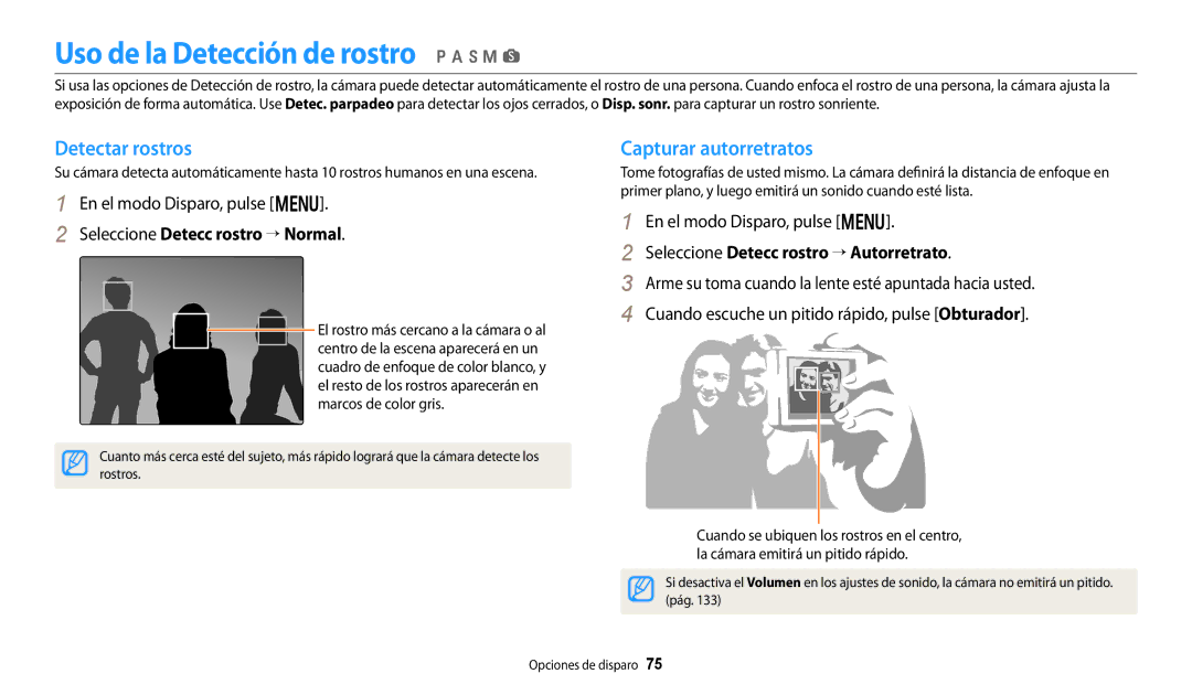 Samsung EC-WB250FBPAIL, EC-WB250FBPWE1 Uso de la Detección de rostro p a h M s, Detectar rostros, Capturar autorretratos 