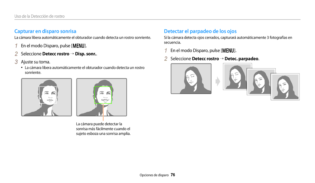 Samsung EC-WB250FBPBIL, EC-WB250FBPWE1 manual Capturar en disparo sonrisa, Detectar el parpadeo de los ojos, Ajuste su toma 