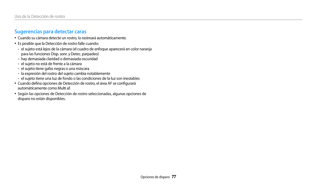 Samsung EC-WB250FBPRIL, EC-WB250FBPWE1, EC-WB250FBPBE1, EC-WB250FFPWE1, EC-WB250FFPBE1 manual Sugerencias para detectar caras 