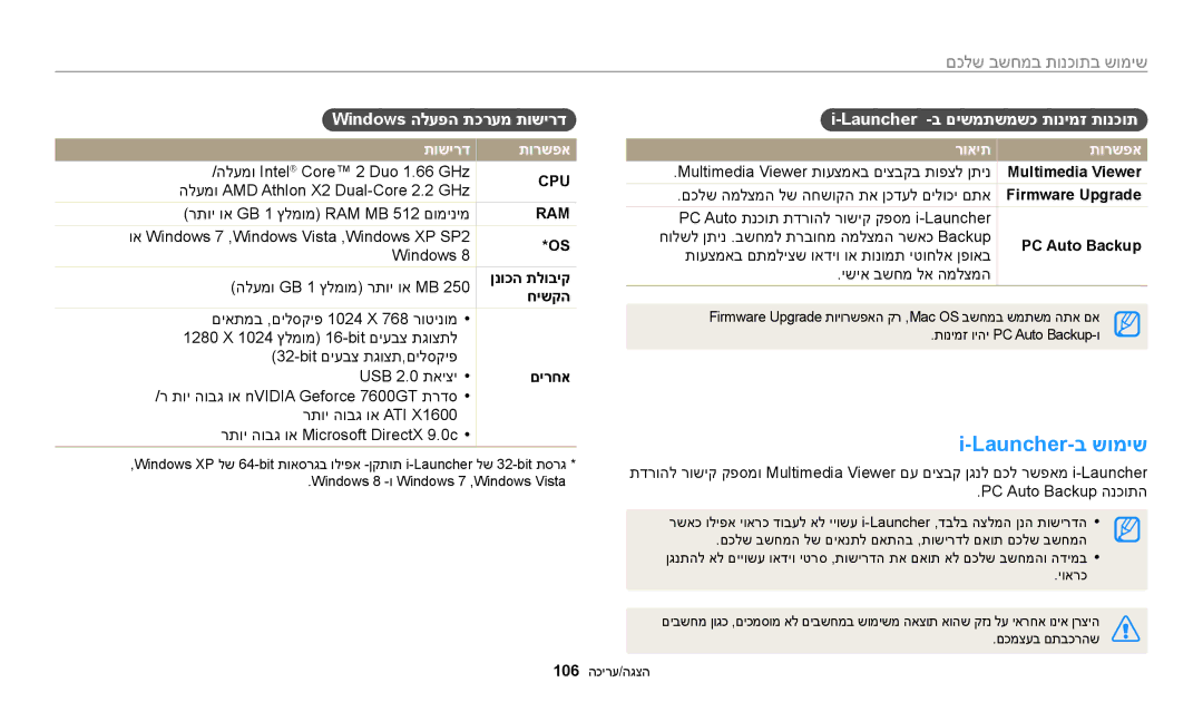 Samsung EC-WB250FFPBIL manual Launcher-ב שומיש, םכלש בשחמב תונכותב שומיש, Windows הלעפה תכרעמ תושירד, תושירד תורשפא 