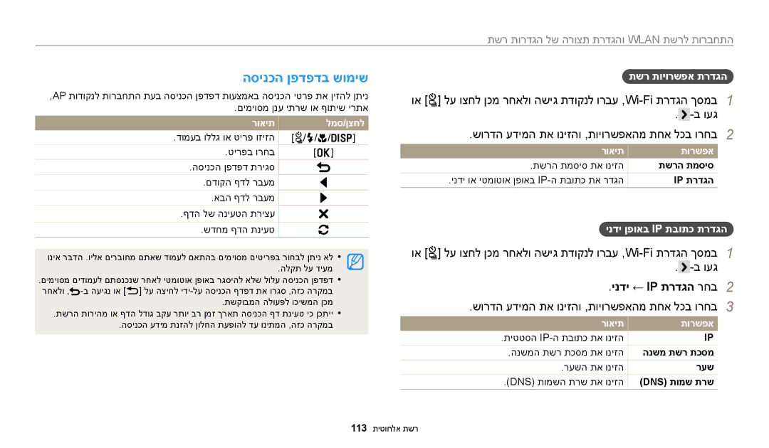 Samsung EC-WB250FBPRIL הסינכה ןפדפדב שומיש, וא t לע וצחל ןכמ רחאלו השיג תדוקנל ורבע ,Wi-Fi תרדגה ךסמב, ינדי ← Ip תרדגה רחב 