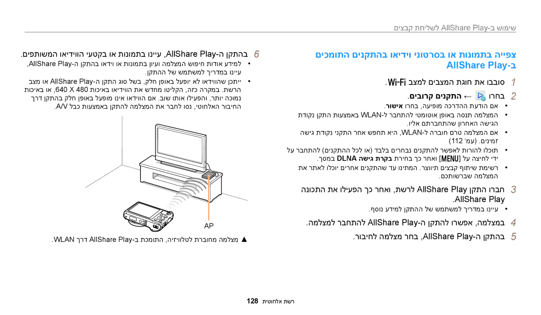 Samsung EC-WB250FFPWIL, EC-WB250FFPWE1 manual םיבורק םינקתה ←, הנוכתה תא וליעפה ךכ רחאו ,תשרל AllShare Play ןקתה ורבח 