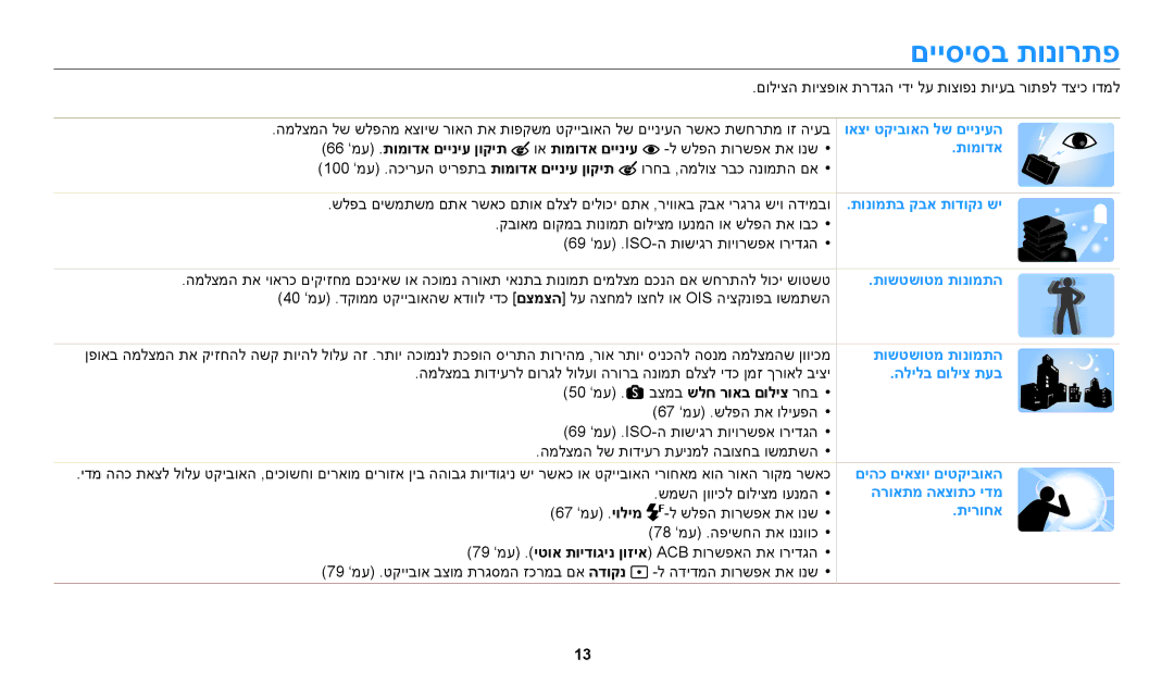 Samsung EC-WB250FBPRIL, EC-WB250FFPWE1 םייסיסב תונורתפ, 66 ‘מע .תומודא םייניע ןוקית וא תומודא םייניע, שלפה תורשפא תא ונש 