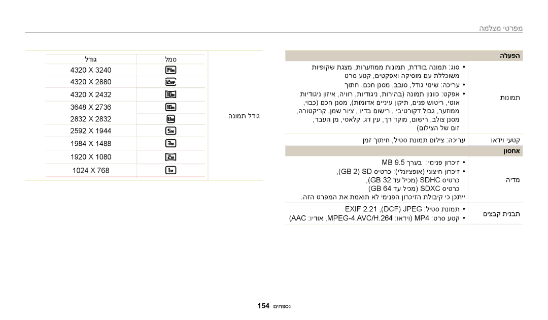 Samsung EC-WB250FBPWIL, EC-WB250FFPWE1 manual לדוג למס, 4320 X 3648 X 2832 X 2592 X 1984 X 1920 X 1024 X, הלעפה, ןוסחא 