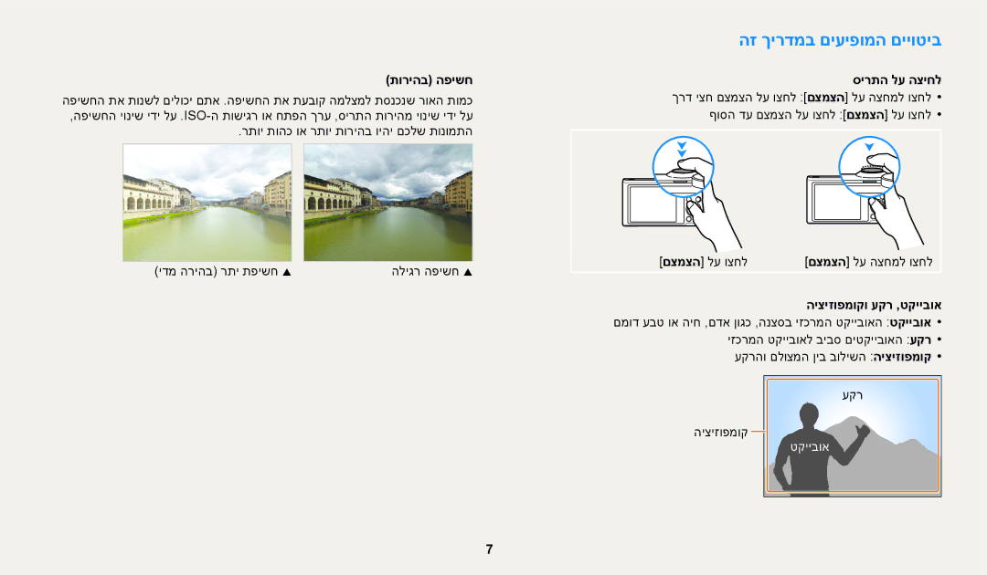 Samsung EC-WB250FFPRE1, EC-WB250FFPWE1, EC-WB250FFPBE1, EC-WB250FBPAIL manual הז ךירדמב םיעיפומה םייוטיב, תוריהב הפישח 