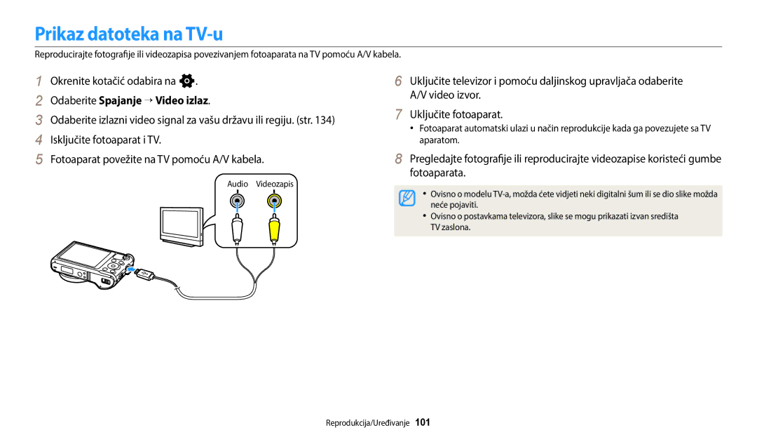 Samsung EC-WB250FFPWE3, EC-WB250FBPWE3, EC-WB250FFPBE3 manual Prikaz datoteka na TV-u, Odaberite Spajanje “ Video izlaz 