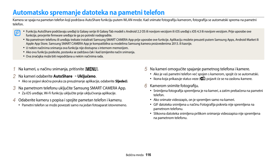 Samsung EC-WB250FBPAE3, EC-WB250FFPWE3 manual Automatsko spremanje datoteka na pametni telefon, Kamerom snimite fotografiju 