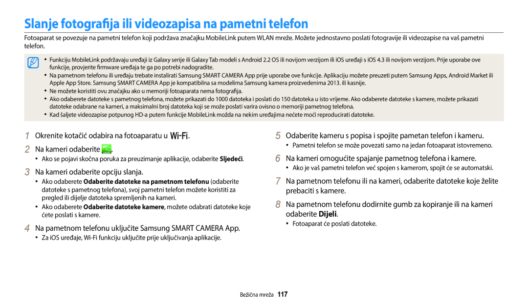 Samsung EC-WB250FBPRE3 manual Slanje fotografija ili videozapisa na pametni telefon, Na kameri odaberite opciju slanja 