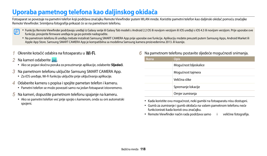 Samsung EC-WB250FFPAE3, EC-WB250FFPWE3, EC-WB250FBPWE3, EC-WB250FFPBE3 manual Uporaba pametnog telefona kao daljinskog okidača 