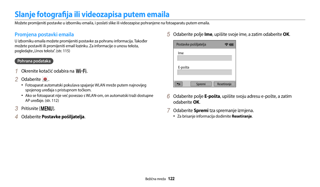 Samsung EC-WB250FBPAE3 manual Slanje fotografija ili videozapisa putem emaila, Promjena postavki emaila, Pohrana podataka 