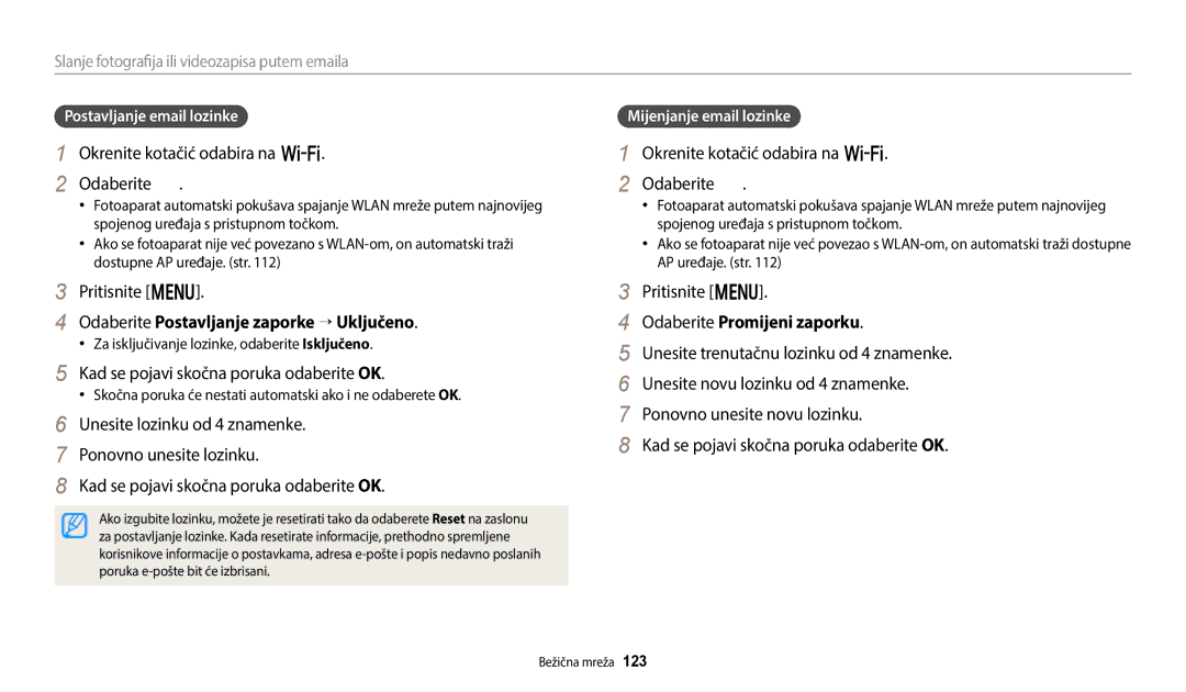 Samsung EC-WB250FBPRE3 manual Odaberite Postavljanje zaporke “ Uključeno, Kad se pojavi skočna poruka odaberite OK 