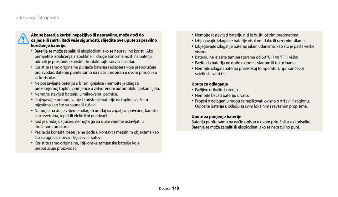 Samsung EC-WB250FFPAE3, EC-WB250FFPWE3 manual Upute za odlaganje, Pažljivo odložite bateriju Nemojte bacati bateriju u vatru 