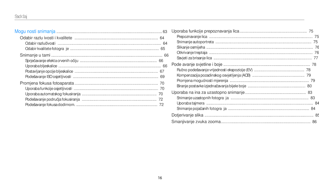 Samsung EC-WB250FFPAE3, EC-WB250FFPWE3, EC-WB250FBPWE3, EC-WB250FFPBE3, EC-WB250FBPAE3, EC-WB250FBPRE3 manual Sadržaj 