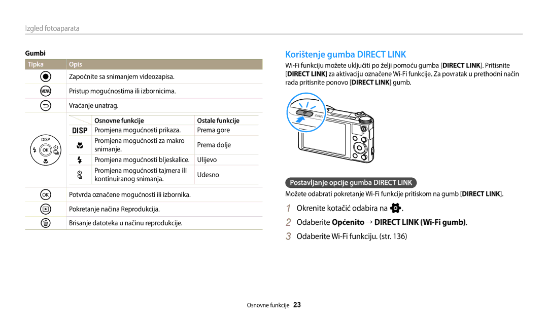 Samsung EC-WB250FFPWE3 manual Korištenje gumba Direct Link, Okrenite kotačić odabira na n, Odaberite Wi-Fi funkciju. str 