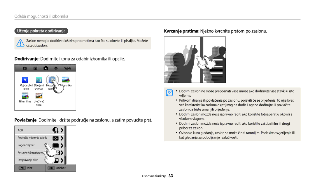 Samsung EC-WB250FBPRE3, EC-WB250FFPWE3, EC-WB250FBPWE3, EC-WB250FFPBE3, EC-WB250FBPAE3 manual Učenje pokreta dodirivanja 