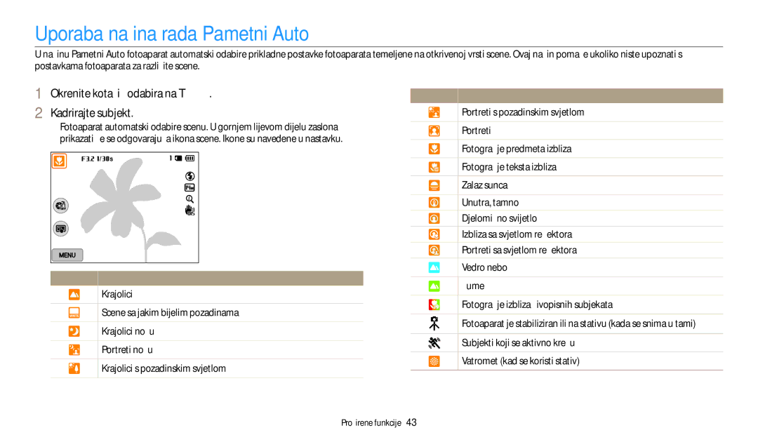 Samsung EC-WB250FFPBE3, EC-WB250FFPWE3 Uporaba načina rada Pametni Auto, Okrenite kotačić odabira na T Kadrirajte subjekt 