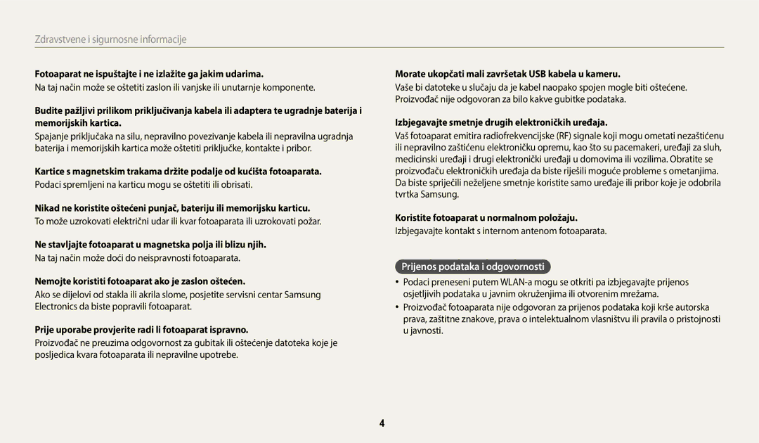 Samsung EC-WB250FFPAE3, EC-WB250FFPWE3, EC-WB250FBPWE3, EC-WB250FFPBE3, EC-WB250FBPAE3 manual Prijenos podataka i odgovornosti 