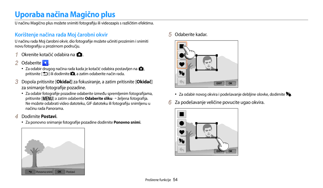 Samsung EC-WB250FBPWE3 manual Uporaba načina Magično plus, Korištenje načina rada Moj čarobni okvir, Dodirnite Postavi 