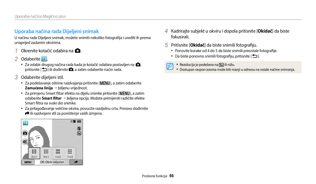 Samsung EC-WB250FBPAE3, EC-WB250FFPWE3, EC-WB250FBPWE3 manual Uporaba načina rada Dijeljeni snimak, Odaberite dijeljeni stil 