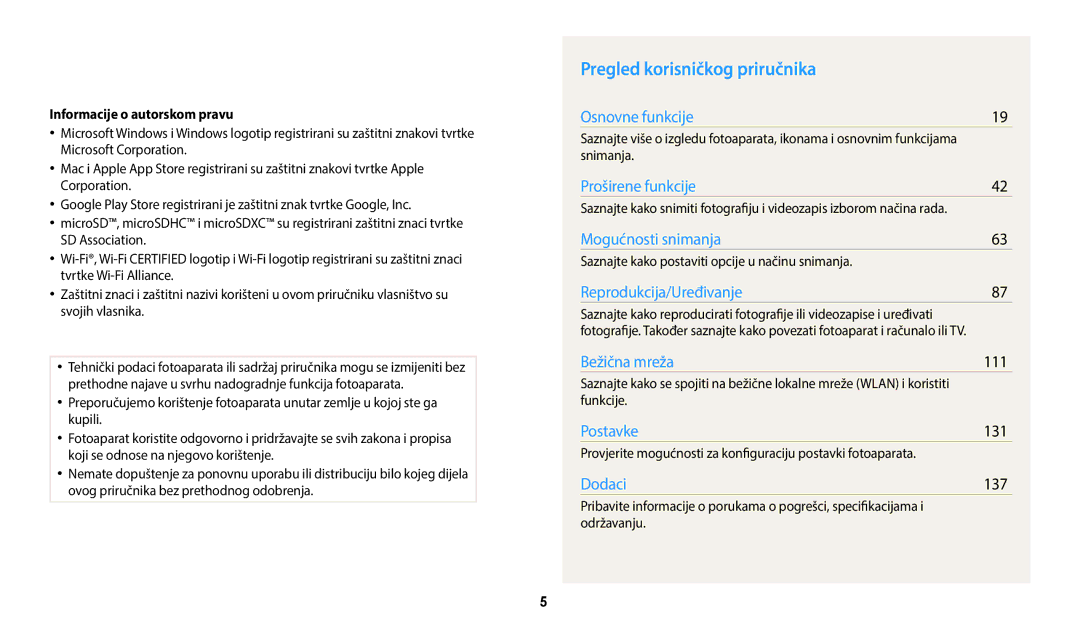 Samsung EC-WB250FFPWE3, EC-WB250FBPWE3, EC-WB250FFPBE3 manual Pregled korisničkog priručnika, Informacije o autorskom pravu 