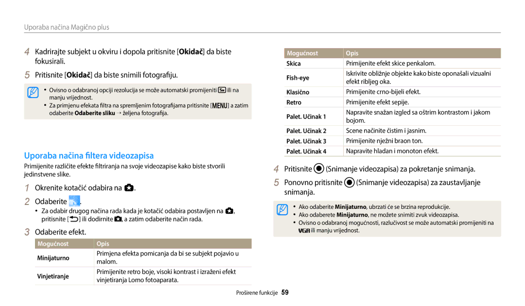 Samsung EC-WB250FFPWE3, EC-WB250FBPWE3, EC-WB250FFPBE3, EC-WB250FBPAE3 Uporaba načina filtera videozapisa, Palet. Učinak 