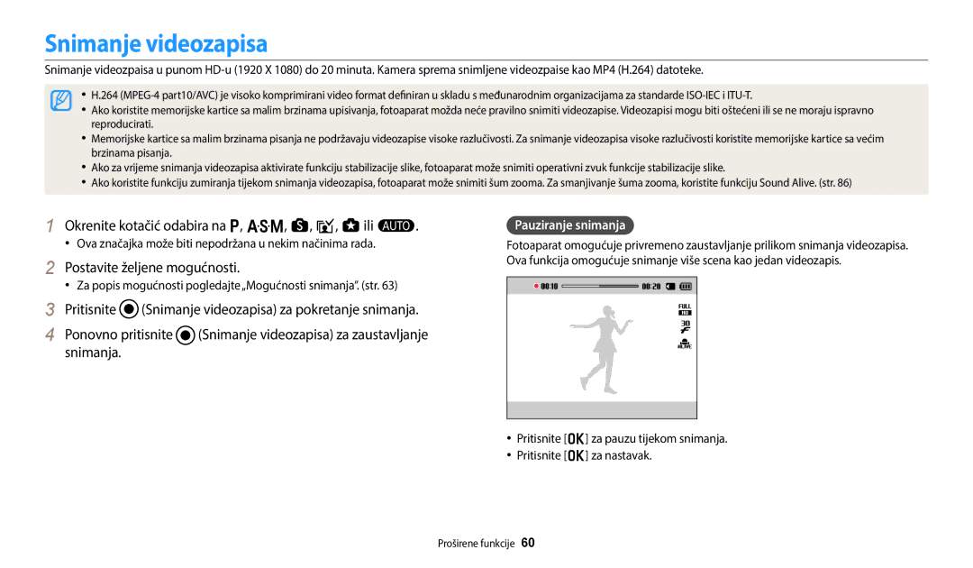 Samsung EC-WB250FBPWE3 manual Snimanje videozapisa, Okrenite kotačić odabira na p, G, s, i, g ili T, Pauziranje snimanja 