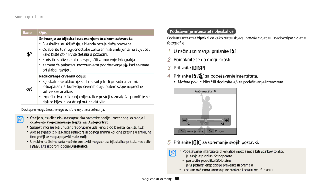 Samsung EC-WB250FBPAE3, EC-WB250FFPWE3 manual Pritisnite o za spremanje svojih postavki, Podešavanje intenziteta bljeskalice 