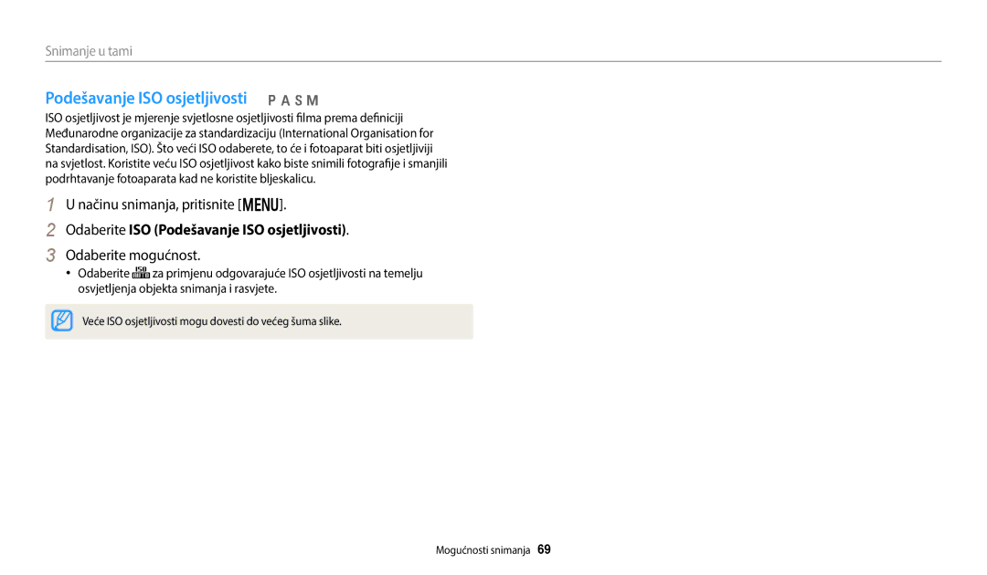 Samsung EC-WB250FBPRE3, EC-WB250FFPWE3 Podešavanje ISO osjetljivosti p a h M, Odaberite ISO Podešavanje ISO osjetljivosti 