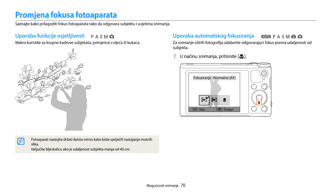 Samsung EC-WB250FFPAE3, EC-WB250FFPWE3 manual Promjena fokusa fotoaparata, Uporaba funkcije osjetljivosti p a h M g 