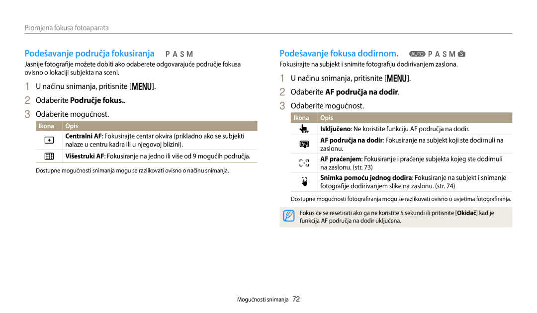 Samsung EC-WB250FBPWE3, EC-WB250FFPWE3 Podešavanje područja fokusiranja p a h M, Podešavanje fokusa dodirnom. T p a h M s 