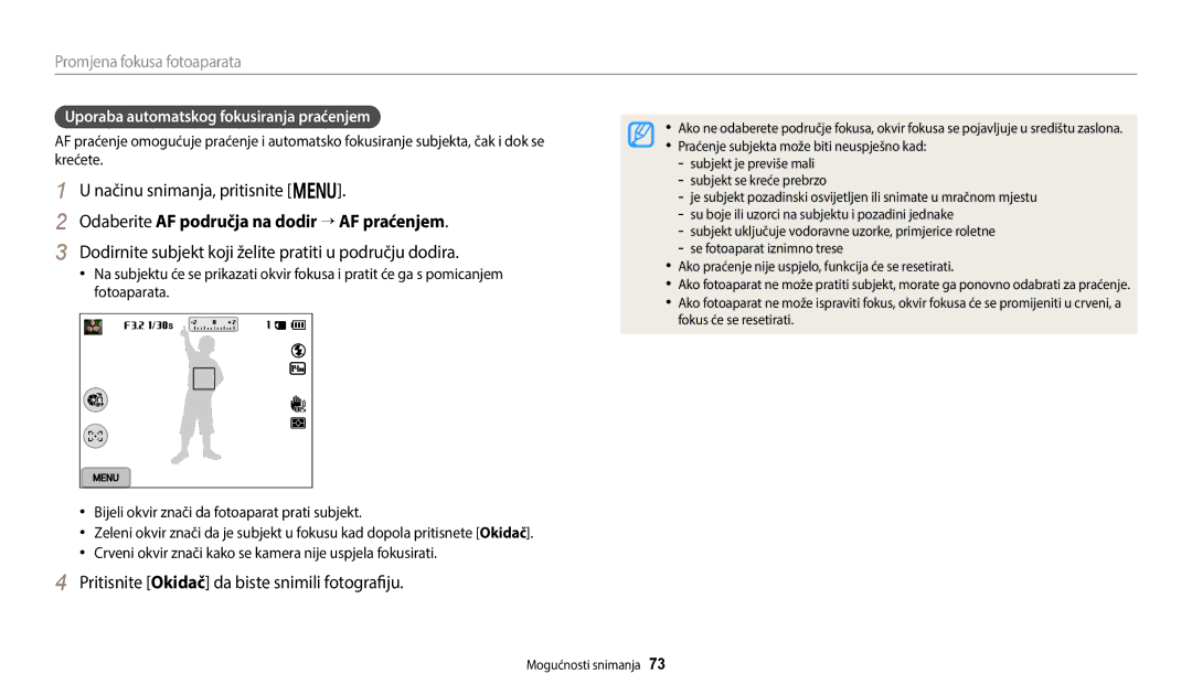 Samsung EC-WB250FFPBE3 manual Odaberite AF područja na dodir “ AF praćenjem, Uporaba automatskog fokusiranja praćenjem 