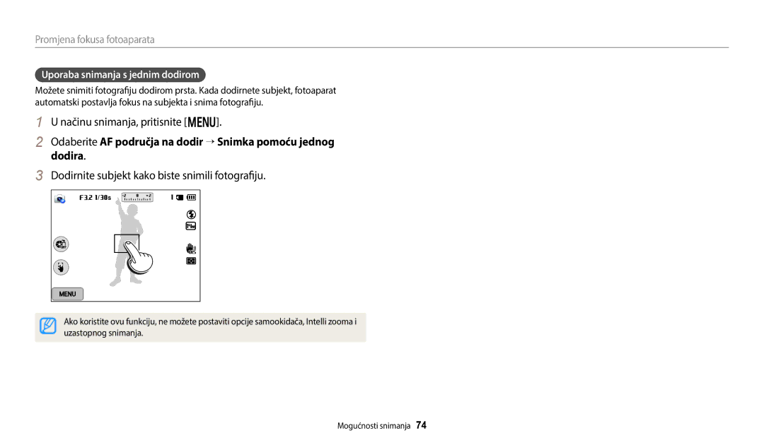 Samsung EC-WB250FBPAE3, EC-WB250FFPWE3 Dodirnite subjekt kako biste snimili fotografiju, Uporaba snimanja s jednim dodirom 