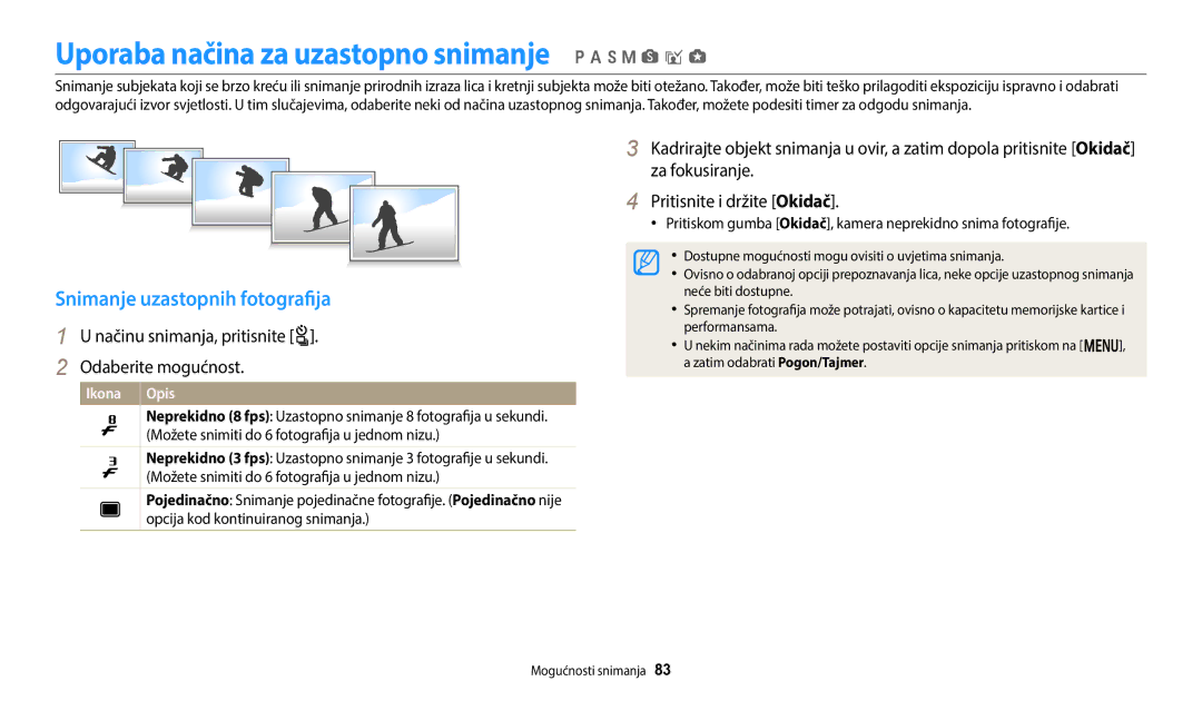 Samsung EC-WB250FFPWE3, EC-WB250FBPWE3 Uporaba načina za uzastopno snimanje p a h M s i g, Snimanje uzastopnih fotografija 