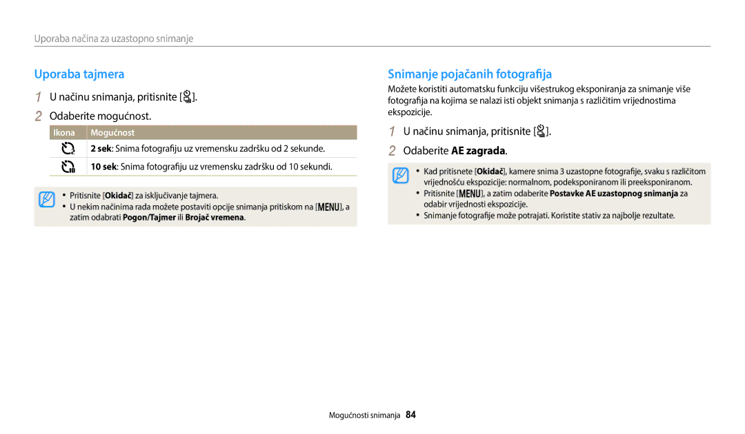 Samsung EC-WB250FBPWE3 Uporaba tajmera, Snimanje pojačanih fotografija, Načinu snimanja, pritisnite t Odaberite AE zagrada 