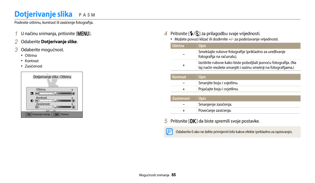 Samsung EC-WB250FFPBE3, EC-WB250FFPWE3 Dotjerivanje slika p a h M, Odaberite Dotjerivanje slike, Kontrast Opis, Zasićenost 