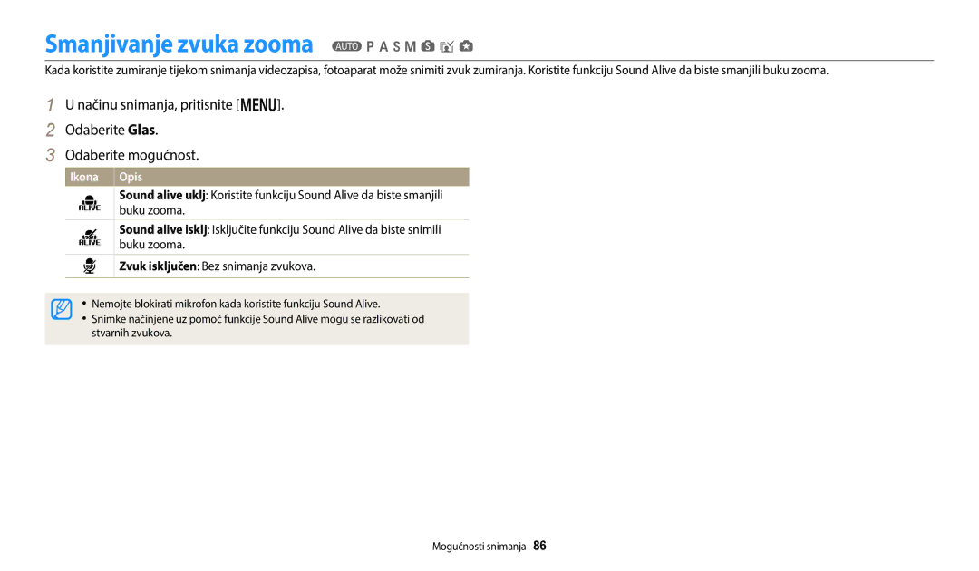 Samsung EC-WB250FBPAE3 manual Smanjivanje zvuka zooma T p a h M s i g, Buku zooma, Zvuk isključen Bez snimanja zvukova 