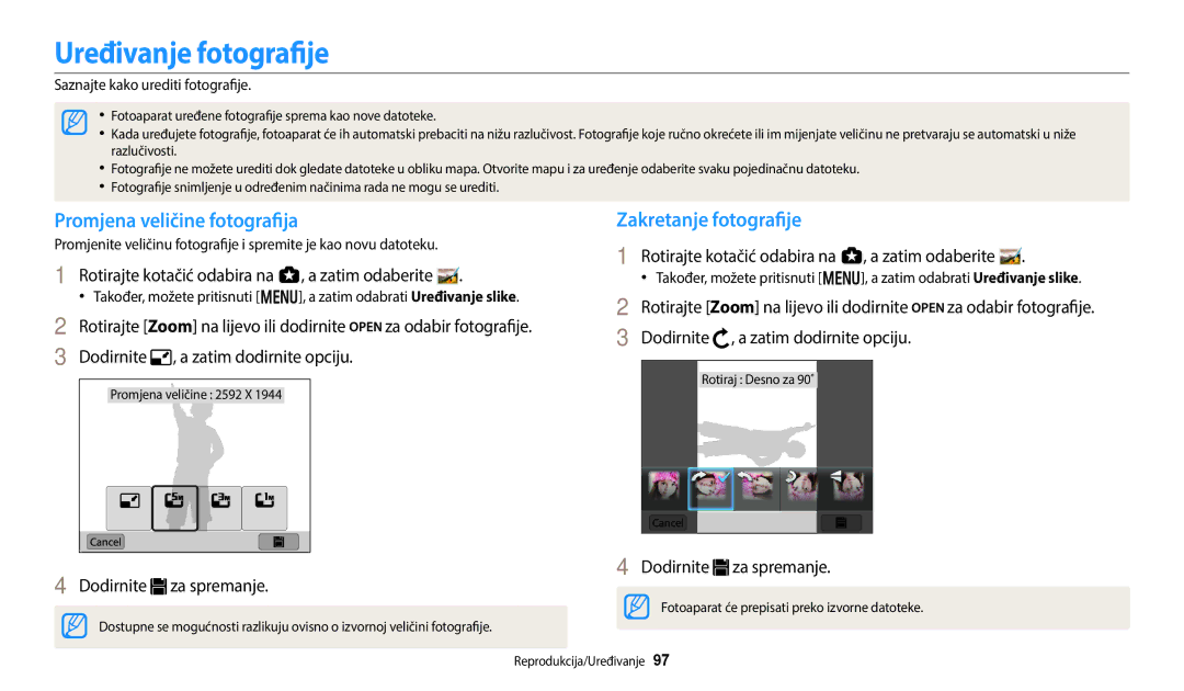 Samsung EC-WB250FFPBE3, EC-WB250FFPWE3 manual Uređivanje fotografije, Promjena veličine fotografija, Dodirnite za spremanje 