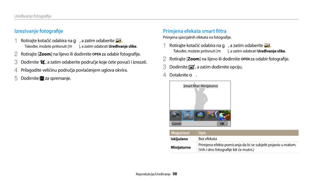 Samsung EC-WB250FBPAE3 manual Izrezivanje fotografije, Primjena efekata smart filtra, Vrh i dno fotografije bit će mutni 