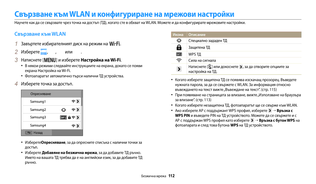 Samsung EC-WB250FBPWE3, EC-WB250FFPWE3 Свързване към Wlan и конфигуриране на мрежови настройки, Изберете точка за достъп 