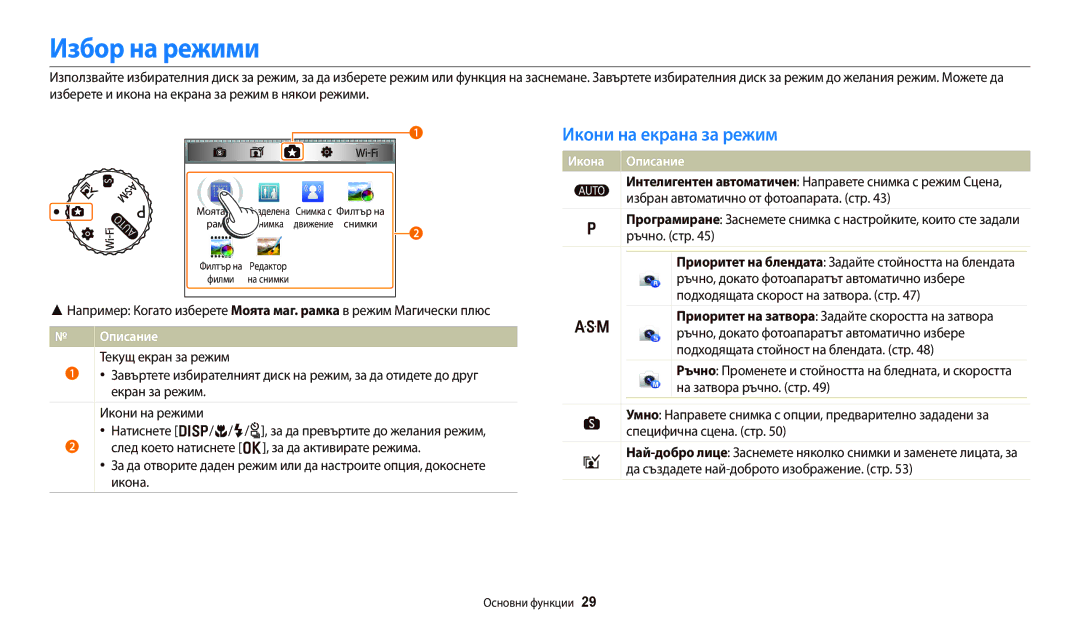 Samsung EC-WB250FFPBE3, EC-WB250FFPWE3, EC-WB250FBPWE3, EC-WB250FBPBE3 manual Избор на режими, Икони на екрана за режим 