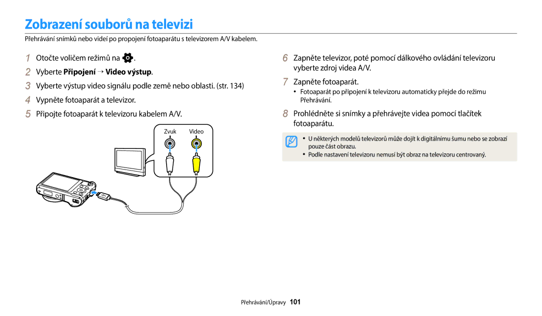 Samsung EC-WB250FBPBE3, EC-WB250FFPWE3 manual Zobrazení souborů na televizi, Vyberte Připojení “ Video výstup, Zvuk Video 