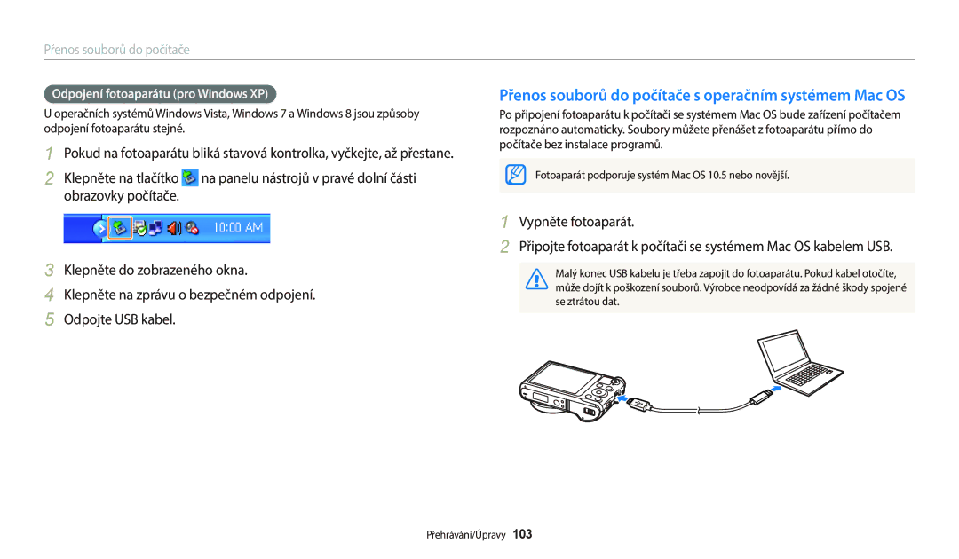 Samsung EC-WB250FBPRE3 manual Odpojení fotoaparátu pro Windows XP, Fotoaparát podporuje systém Mac OS 10.5 nebo novější 